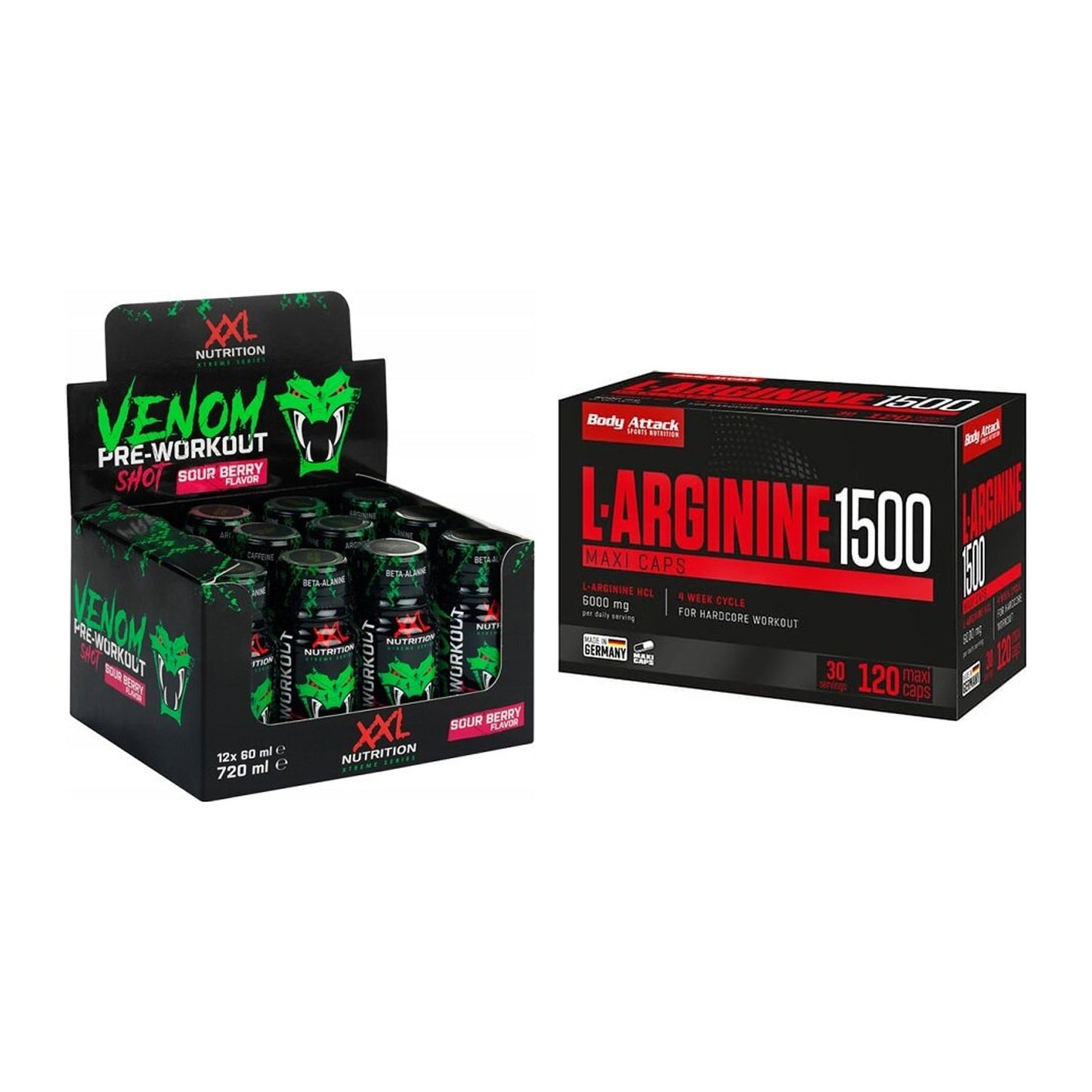 Trainings-Set: XXL Nutrition Venom Shot + Body Attack L-Arginin 1500 – alle enthaltenen Artikel