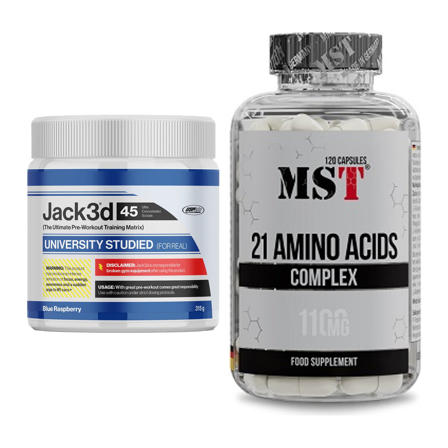 Trainings-Set: USP Labs Jack3d 45 Serv. + MST 21 Amino Acids – alle enthaltenen Artikel