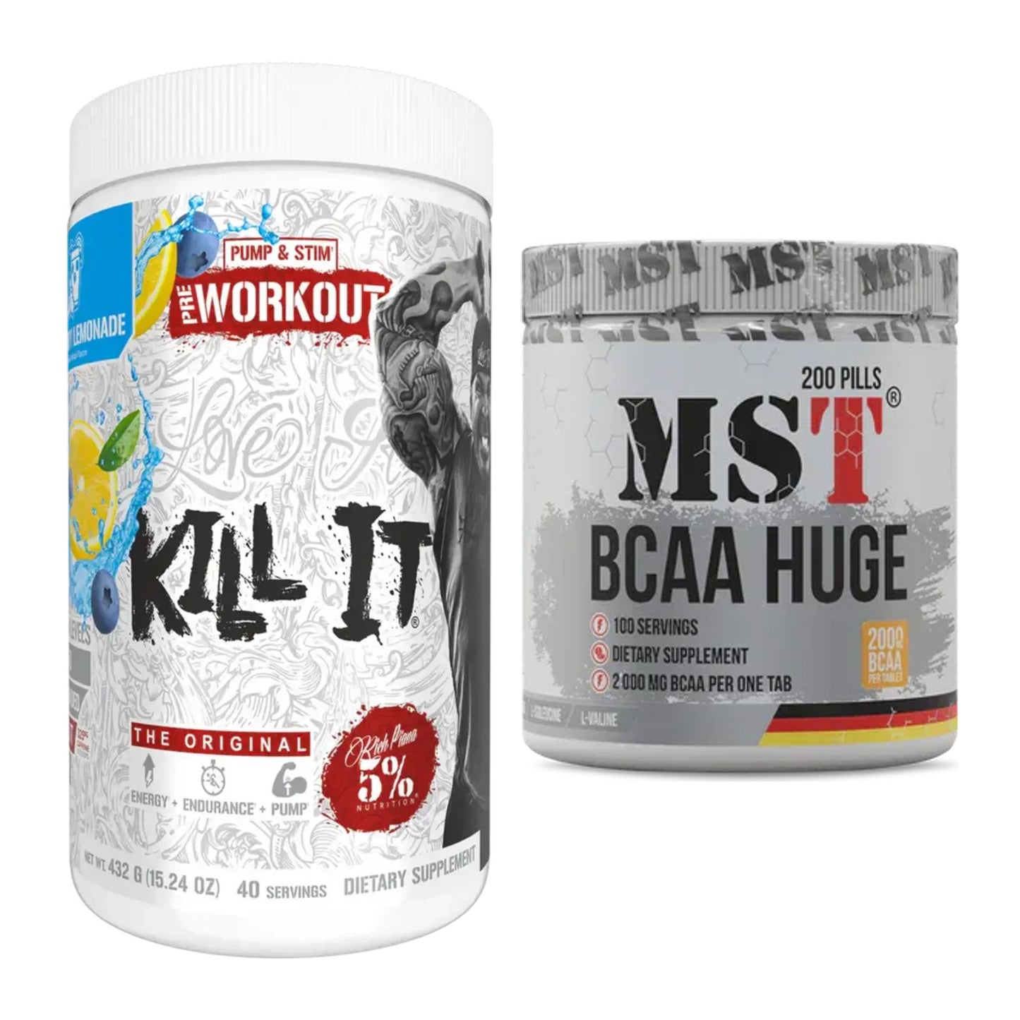 Trainings-Set: Rich Piana 5% Nutrition + MST BCAA Huge 200 Tabl./ – alle enthaltenen Artikel