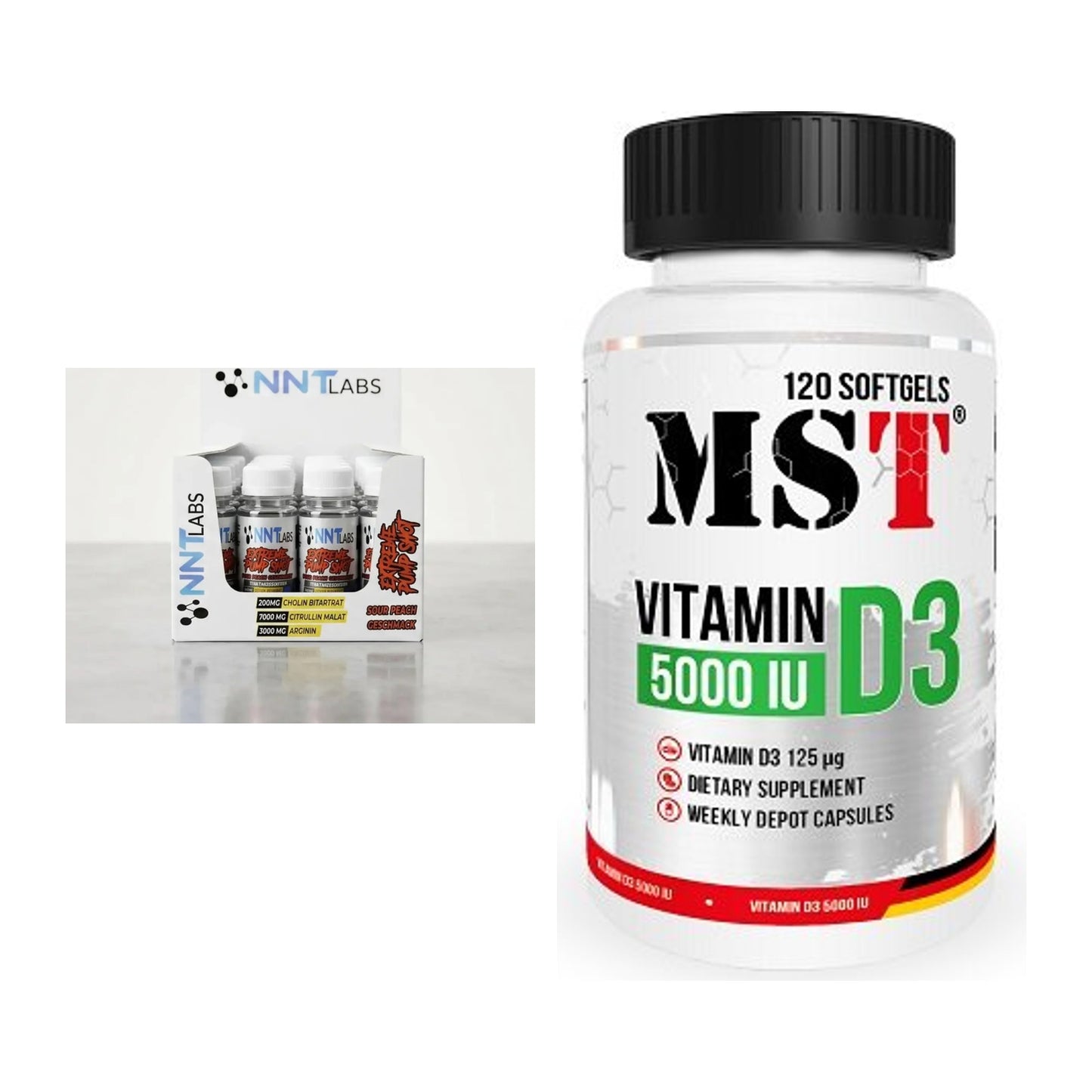 Trainings-Set: NNT Extreme Pump Shot + MST Vitamin D3 5000IU 120 – alle enthaltenen Artikel