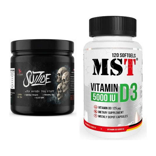Edzőkészlet: #GYMJUICE SUIZIDE Booster + MST D3-vitamin 5000IU 120 - minden elemet tartalmaz