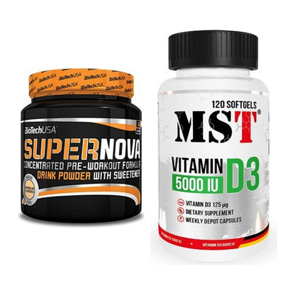 Тренировъчен комплект: BioTech Supernova + MST витамин D3 5000IU 120 меки капсули - всички артикули са включени
