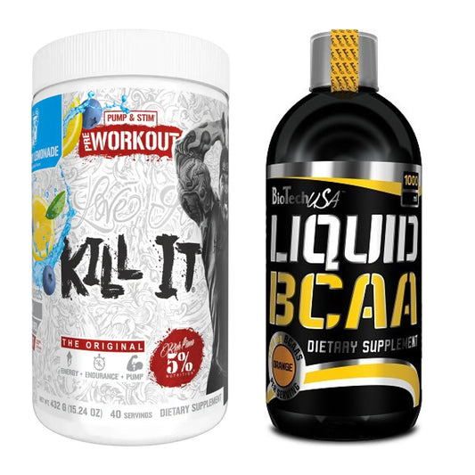 Ensemble d'entraînement : Rich Piana 5% Nutrition Kill It + BioTech Liquid BCAA - tous les éléments inclus