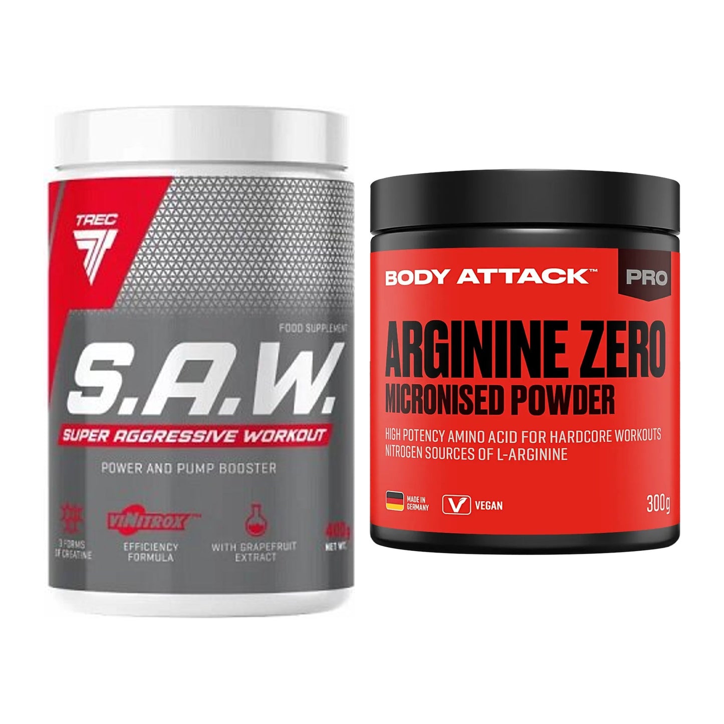 Σετ προπόνησης: Trec Nutrition SAW Booster + Body Attack 100% αργινίνη - περιλαμβάνονται όλα τα είδη