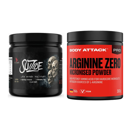 Harjoitussetti: #GYMJUICE SUICIDE Booster + Body Attack 100% arginiini - kaikki tuotteet mukana