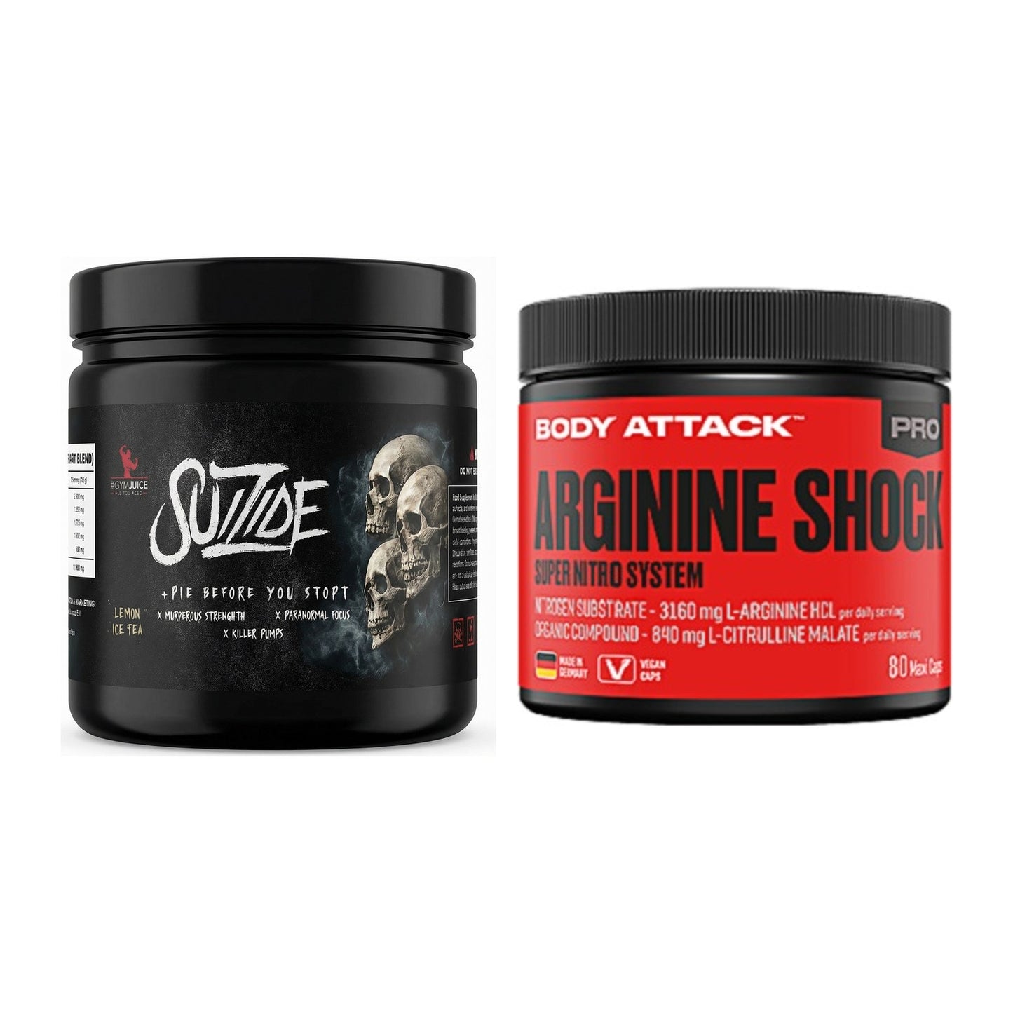 Trainings-Set: #GYMJUICE SUIZIDE Booster + Body Attack Arginine Shock – alle enthaltenen Artikel