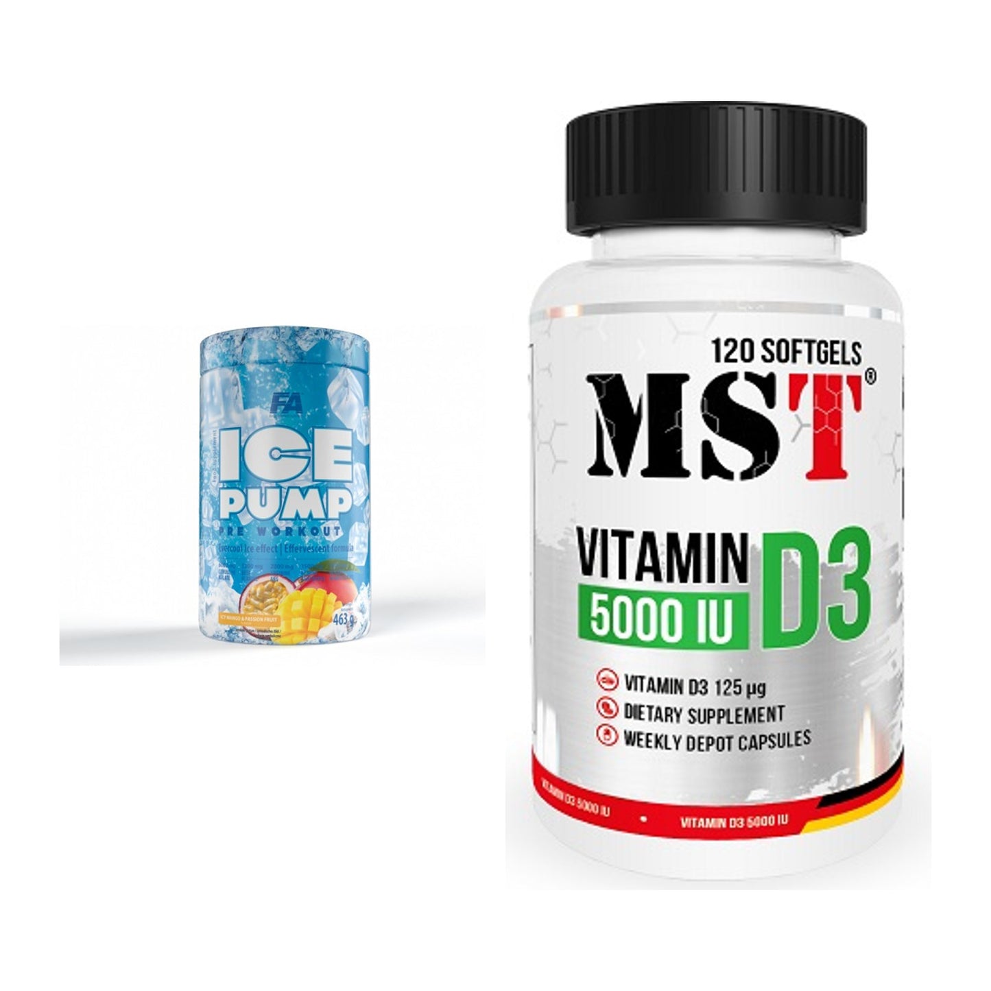 Trainings-Set: FA Nutrition ICE Pump + MST Vitamin D3 5000IU 120 – alle enthaltenen Artikel