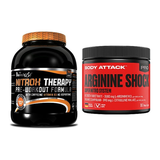 Tréninková sada: BioTech NitroX Therapy + Body Attack Arginine Shock - všechny položky v ceně