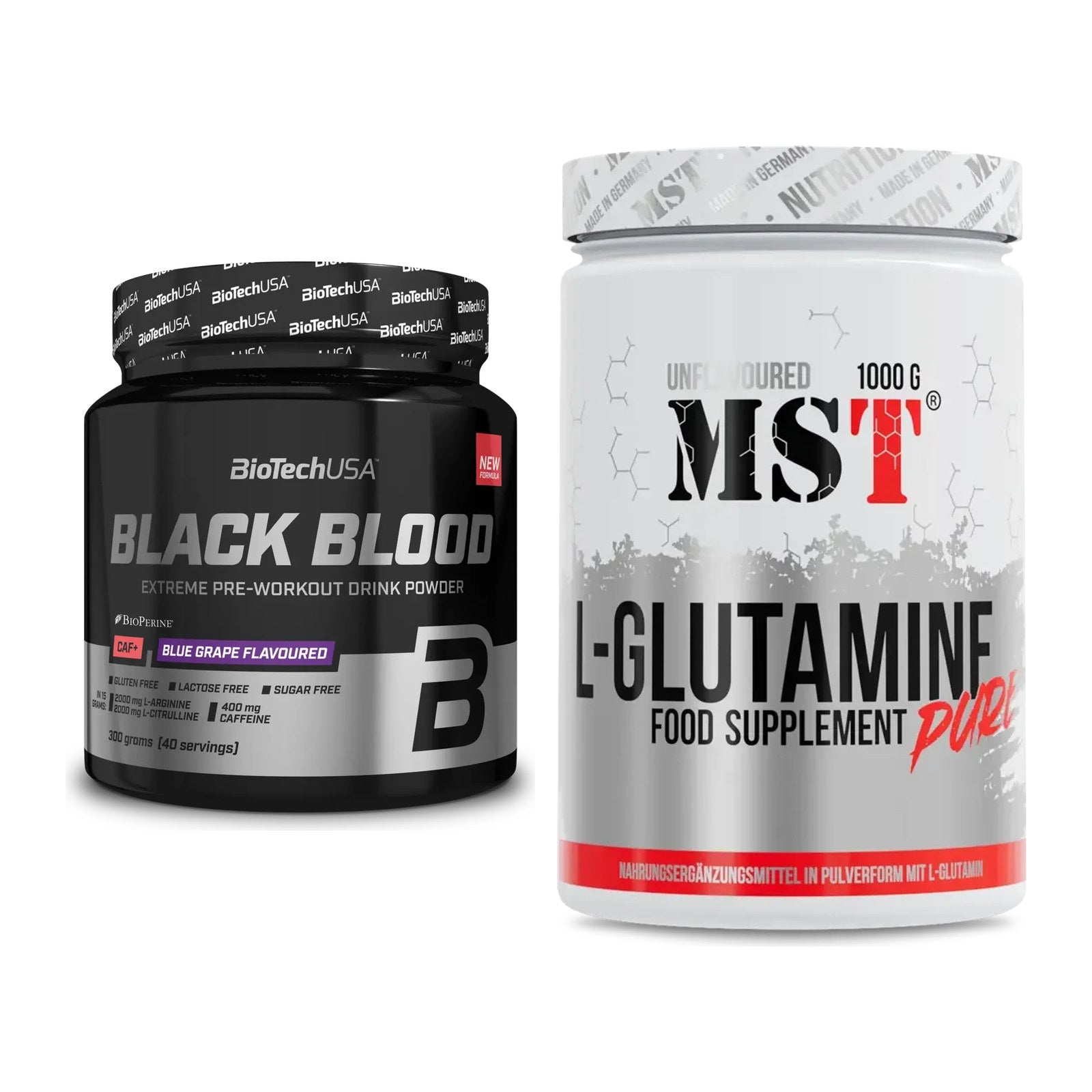 Trainings-Set: BioTech Black Blood CAF+ 300g (80 + MST Glutamine – alle enthaltenen Artikel