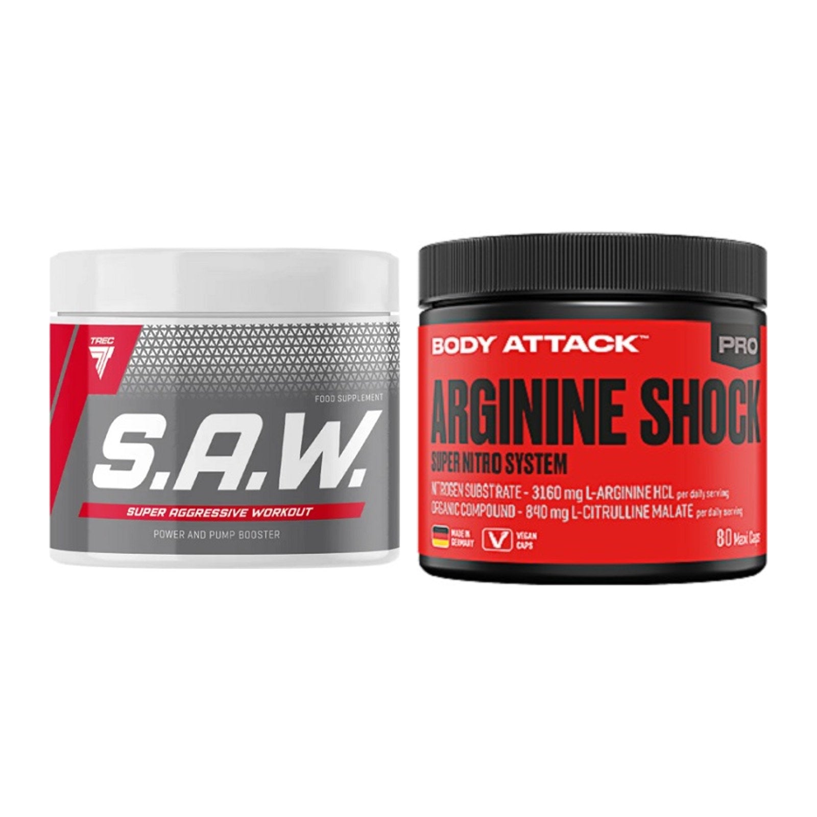 Trainings-Set: Trec Nutrition SAW Booster + Body Attack Arginine Shock – alle enthaltenen Artikel