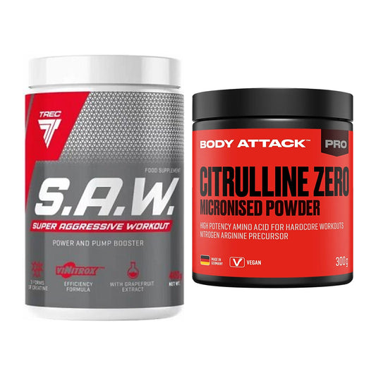 Trainings-Set: Trec Nutrition SAW Booster + Body Attack 100 % – alle enthaltenen Artikel