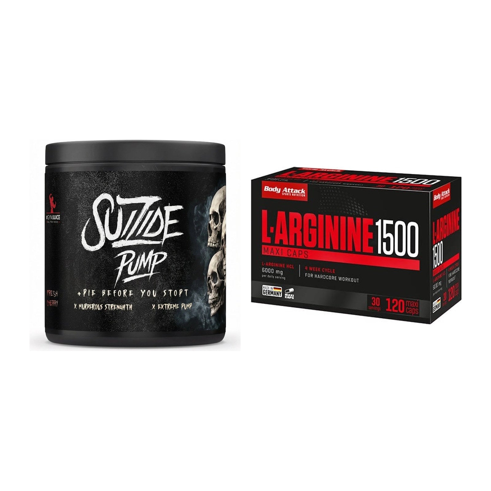 Trainings-Set: #GYMJUICE SUIZIDE PUMP + Body Attack L-Arginin 1500 – alle enthaltenen Artikel
