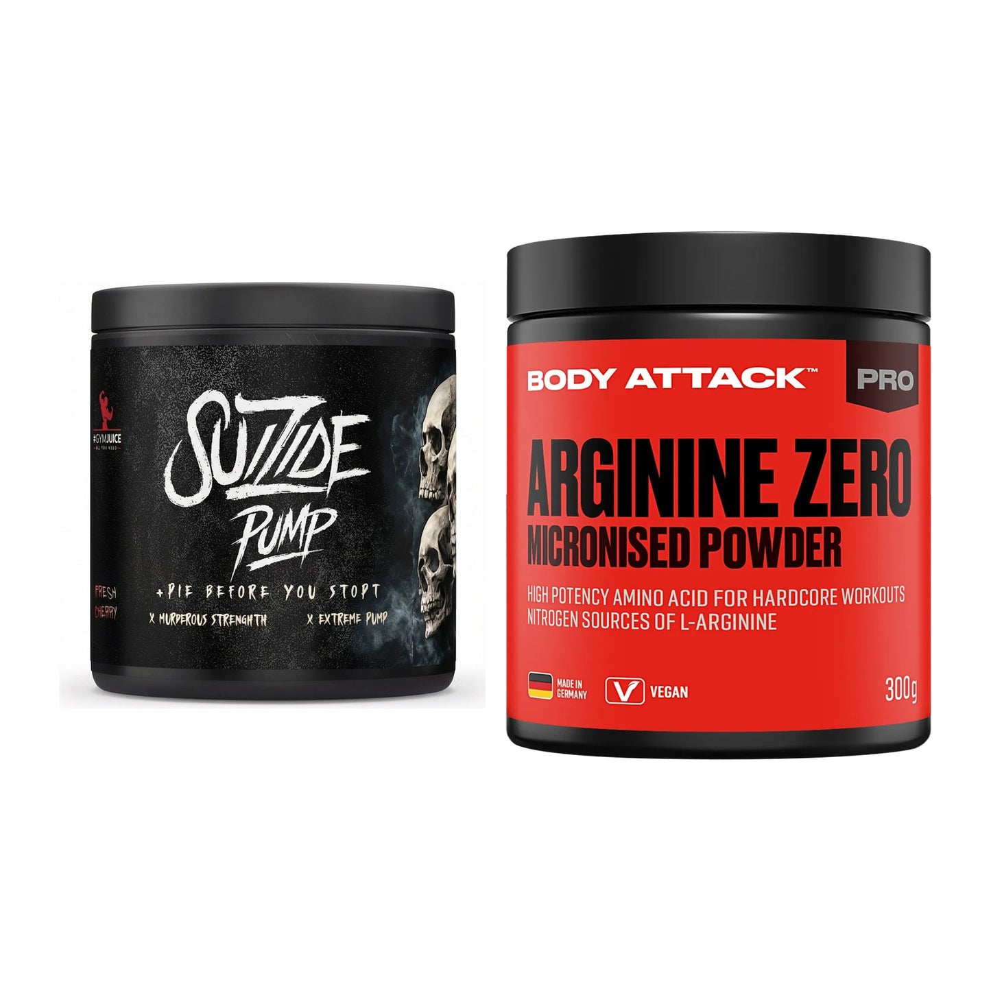 Trainings-Set: #GYMJUICE SUIZIDE PUMP + Body Attack 100 % Arginine – alle enthaltenen Artikel