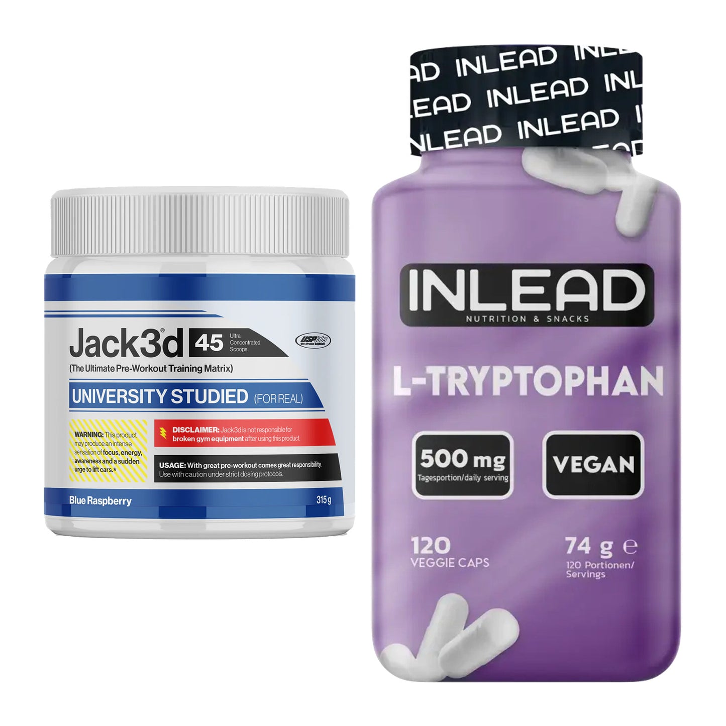 Trainings-Set: USP Labs Jack3d 45 Serv. + INLEAD L-Tryptophan 500mg – alle enthaltenen Artikel