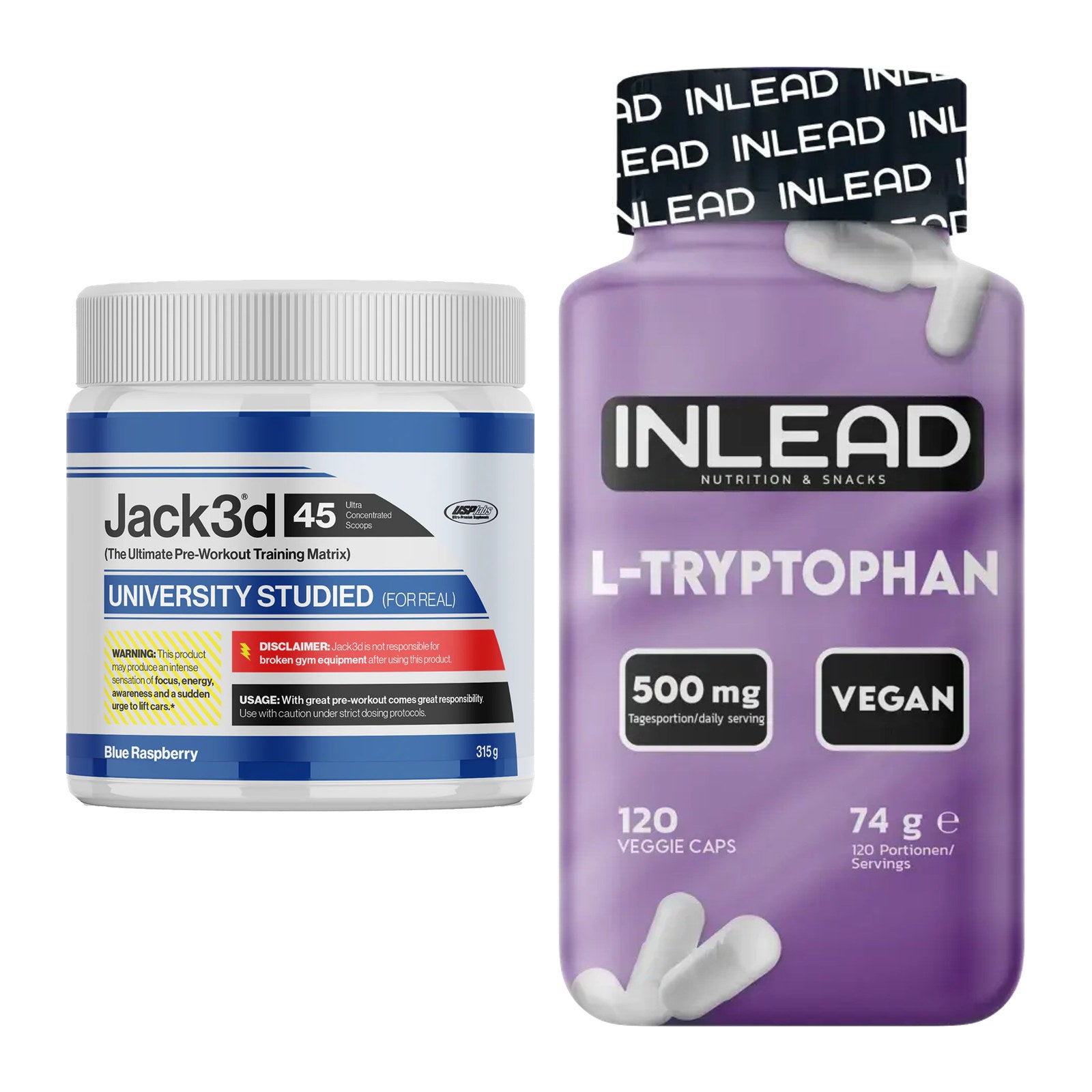 Trainings-Set: USP Labs Jack3d 45 Serv. + INLEAD L-Tryptophan 500mg – alle enthaltenen Artikel