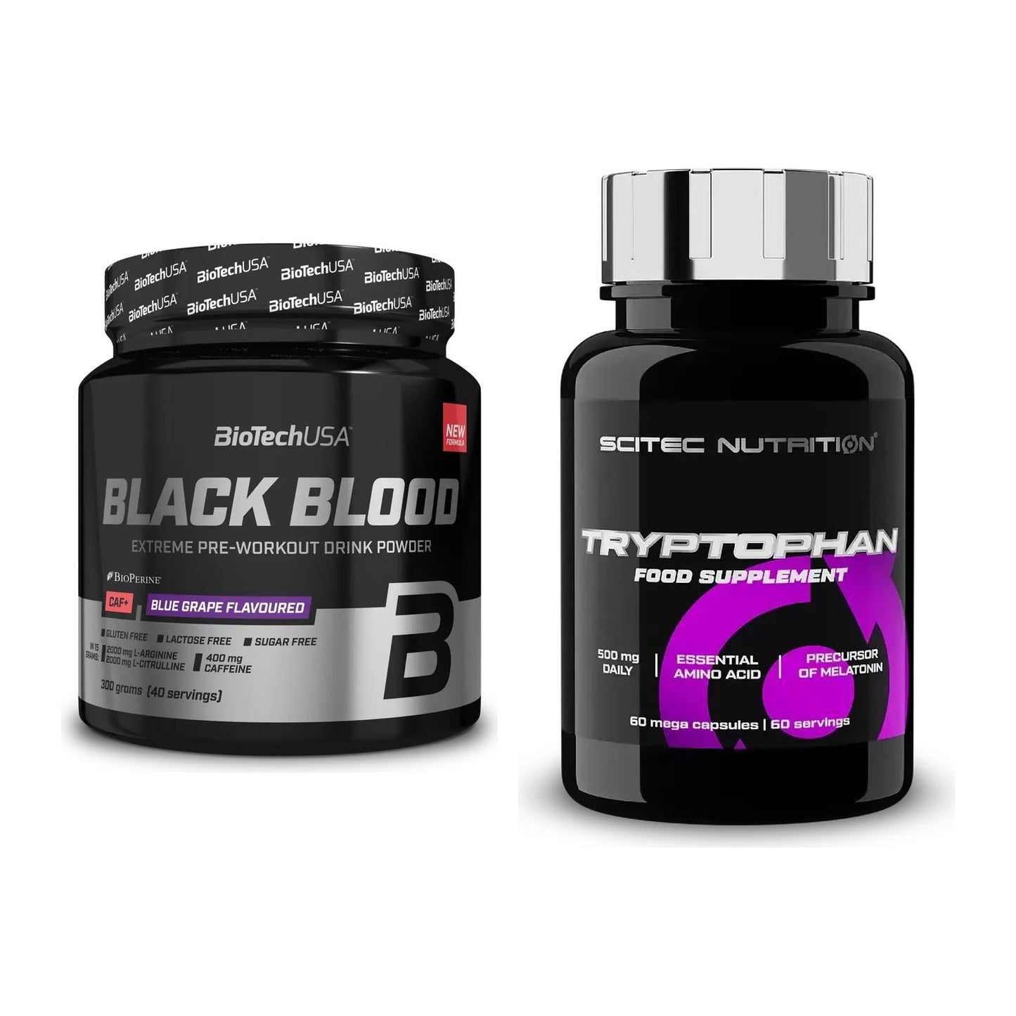 Trainings-Set: BioTech Black Blood CAF+ 300g (80 + Scitec Tryptophan – alle enthaltenen Artikel