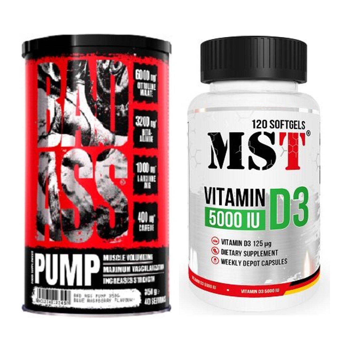 Trainings-Set: BAD ASS Pump + MST Vitamin D3 5000IU 120 Softgels – alle enthaltenen Artikel