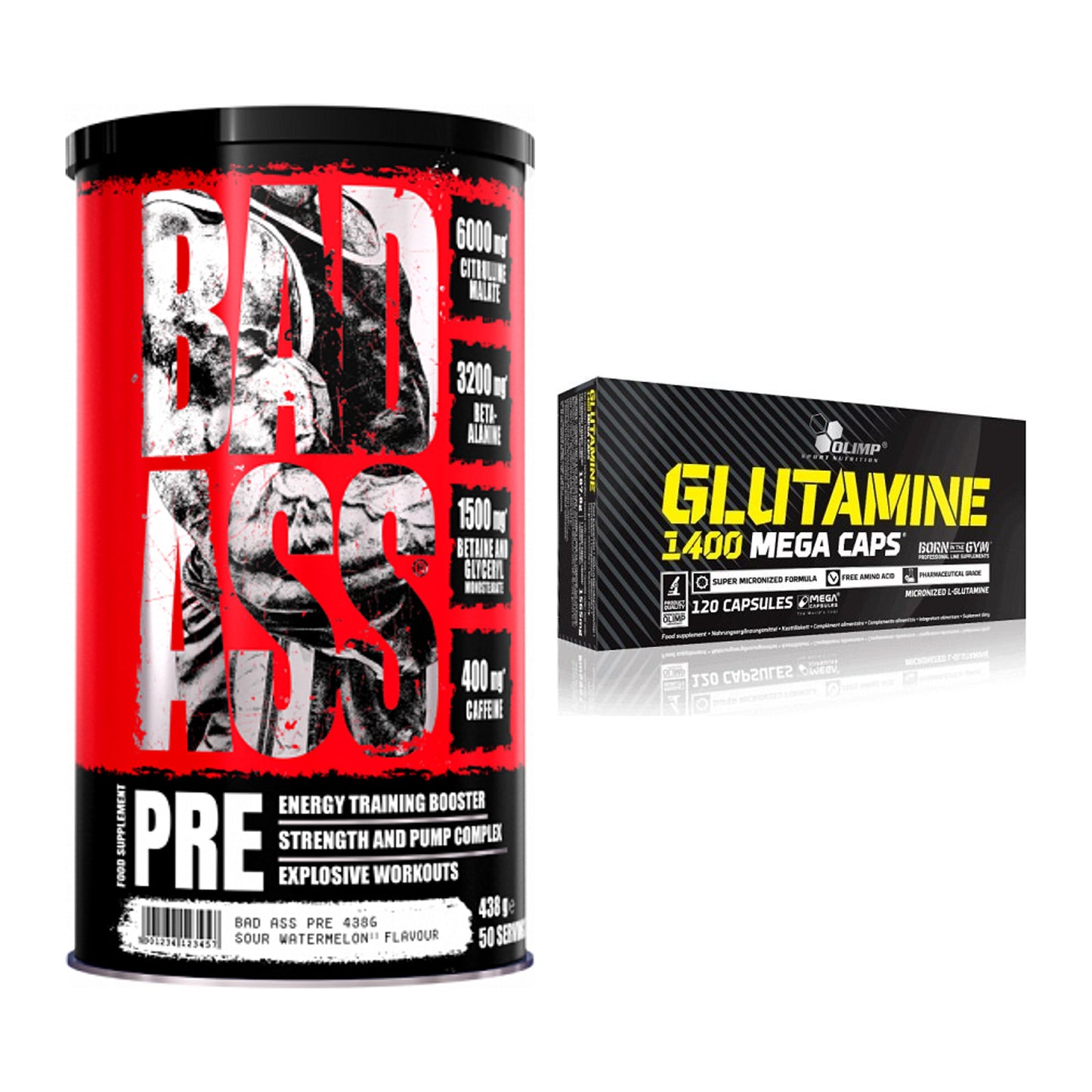 Trainings-Set: BAD ASS Pre + Olimp L-Glutamine Mega Caps – alle enthaltenen Artikel