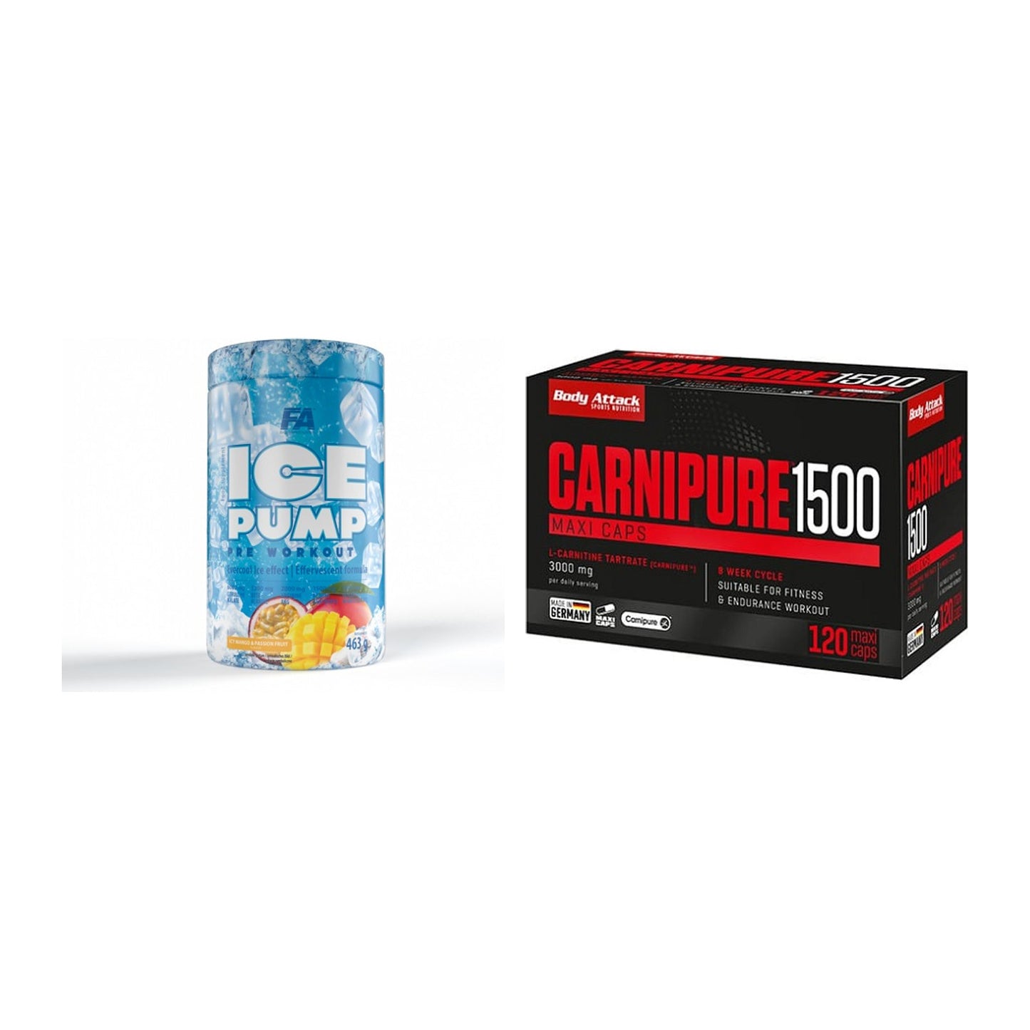 Trainings-Set: FA Nutrition ICE Pump + Body Attack Carnipure 1500 – alle enthaltenen Artikel