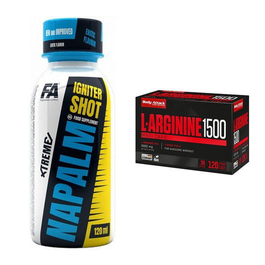Zestaw treningowy: FA Nutrition Xtreme Napalm + Body Attack L-Arginina 1500 - wszystkie elementy w zestawie