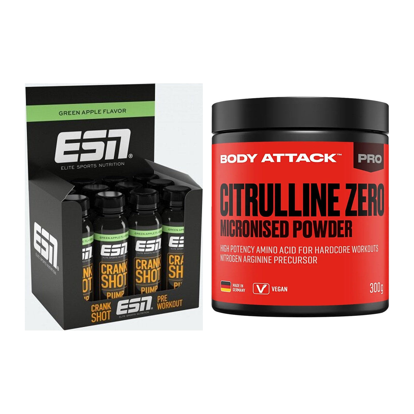 Trainings-Set: ESN Crank Pump Shot + Body Attack 100 % Citrulline Zero – alle enthaltenen Artikel