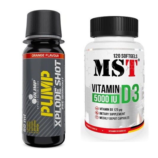 Conjunto de treino: Olimp Pump Xplode Shot + MST Vitamin D3 5000IU 120 - todos os artigos incluídos