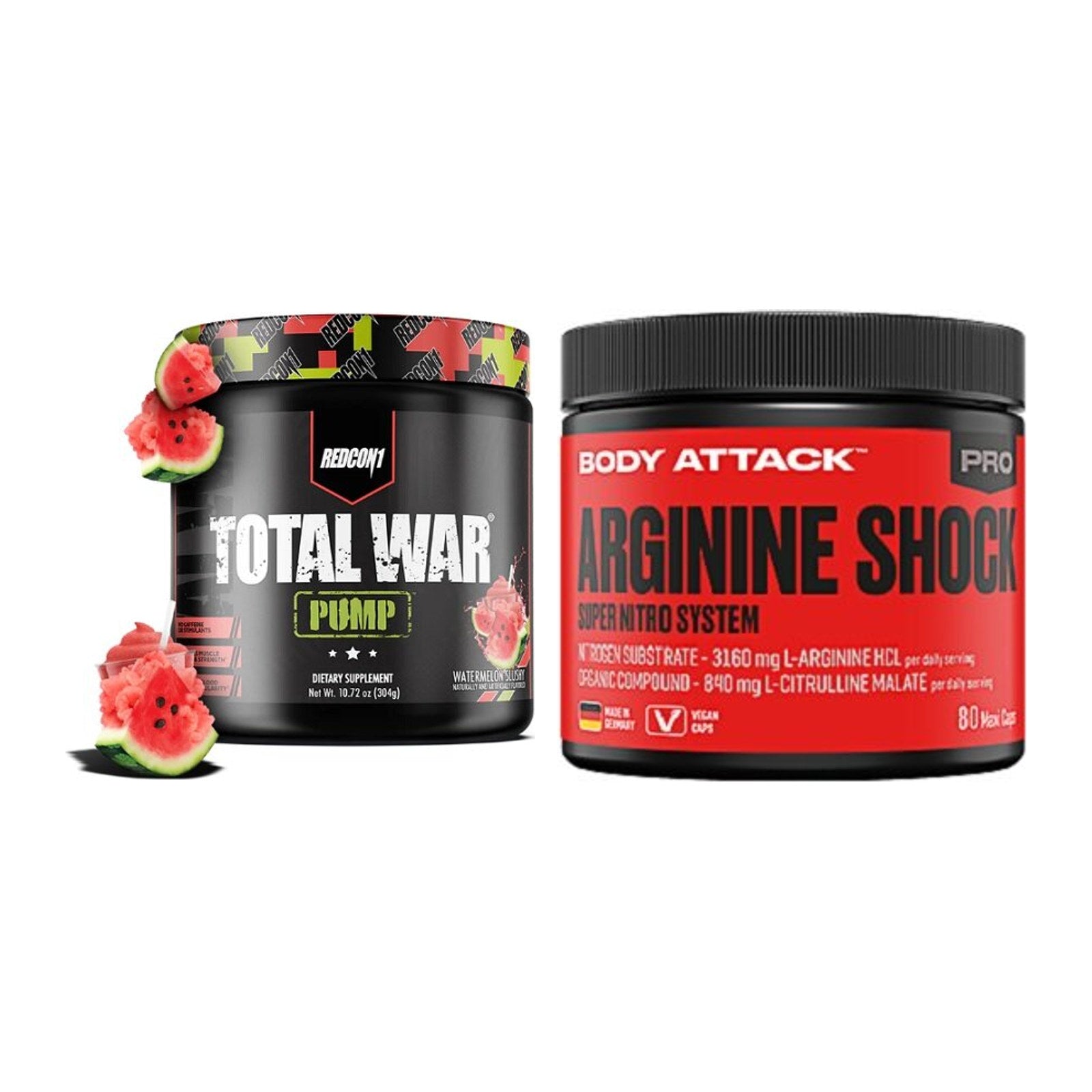 Trainings-Set: Redcon1 Total War PUMP + Body Attack Arginine Shock – alle enthaltenen Artikel