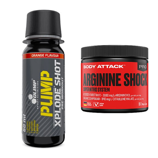 Trainings-Set: Olimp Pump Xplode Shot + Body Attack Arginine Shock – alle enthaltenen Artikel