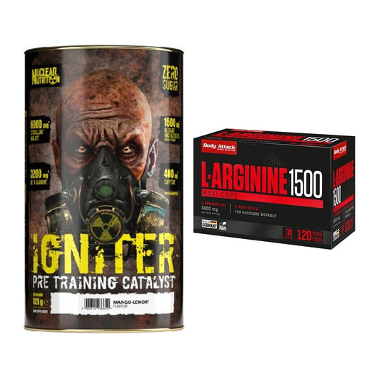Treeningkomplekt: Nuclear Nutrition IGNITER + Body Attack L-Arginine 1500 – kõik esemed on kaasas