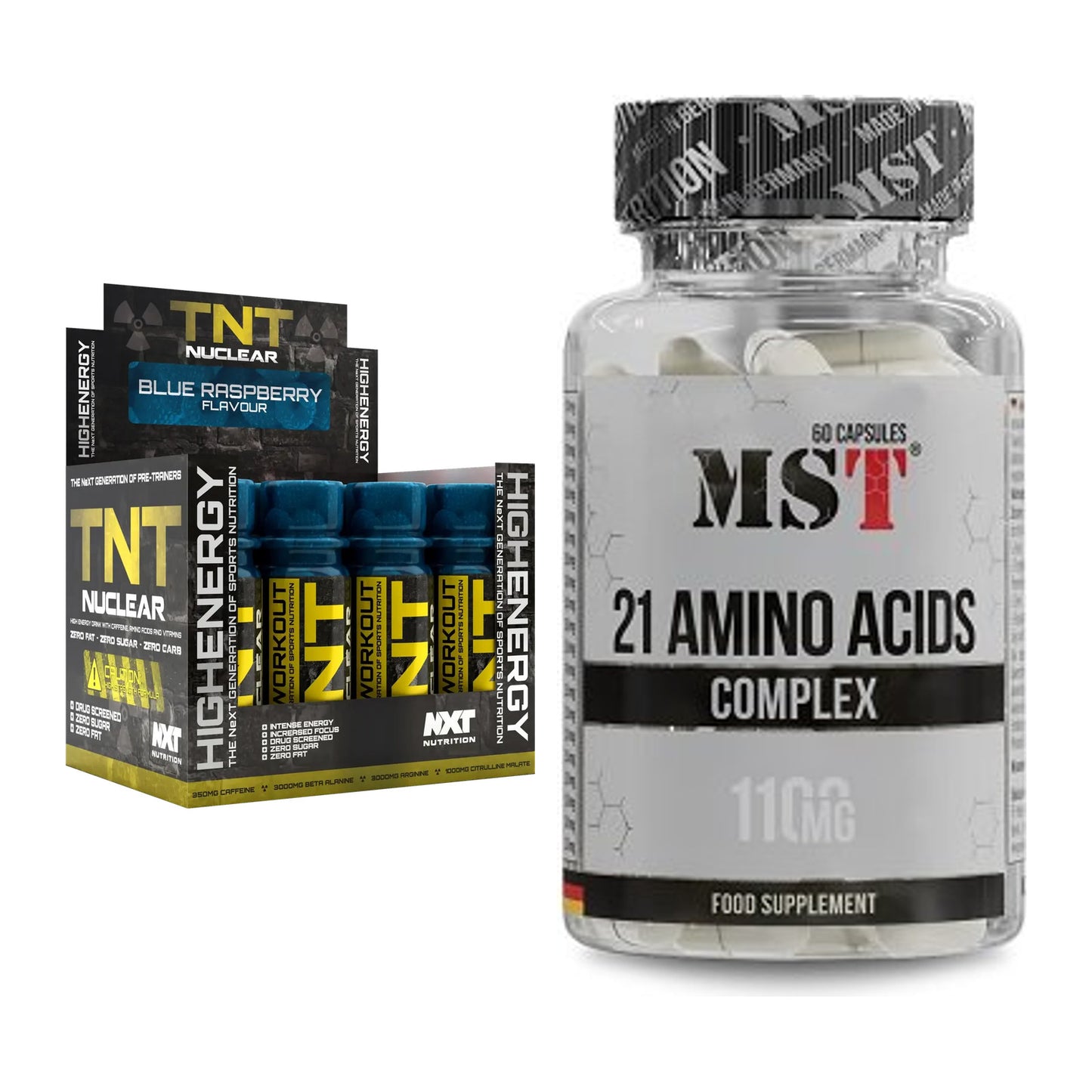 Trainings-Set: NXT Nutrition TNT Nuclear Shots + MST 21 Amino Acids – alle enthaltenen Artikel