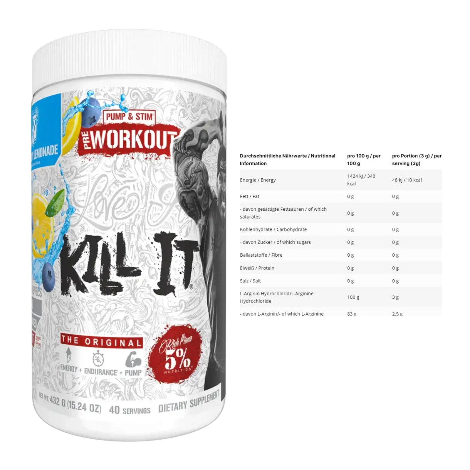 Trainings-Set: Rich Piana 5% Nutrition Kill It + INLEAD L-Arginin HCL – alle enthaltenen Artikel