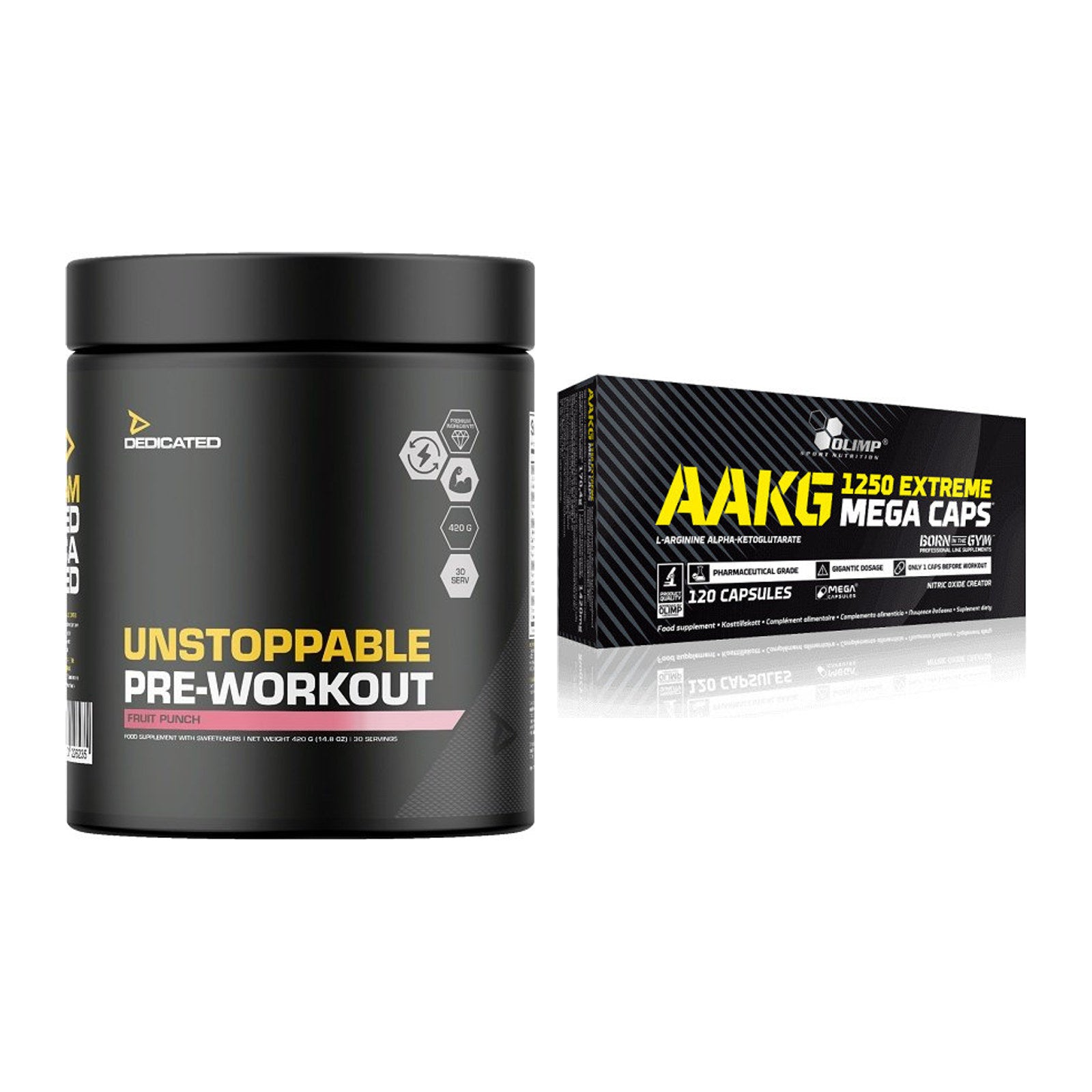 Trainings-Set: Dedicated Unstoppable + Olimp AAKG Extreme Mega Caps – alle enthaltenen Artikel