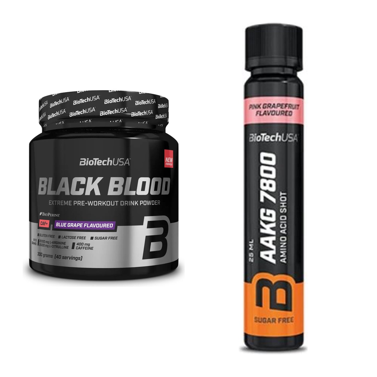 Trainings-Set: BioTech Black Blood CAF+ 300g (80 + BioTech AAKG 7800 – alle enthaltenen Artikel