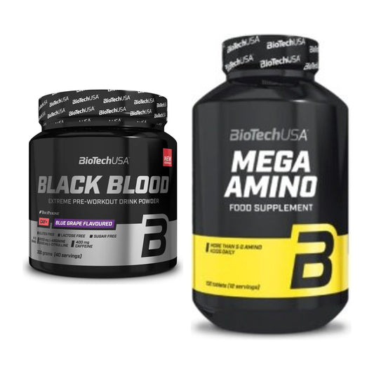 Trainings-Set: BioTech Black Blood CAF+ 300g (80 + BioTech Mega Amino – alle enthaltenen Artikel