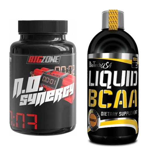 Conjunto de treino: Big Zone N.O Synergy + BioTech Liquid BCAA - todos os artigos incluídos