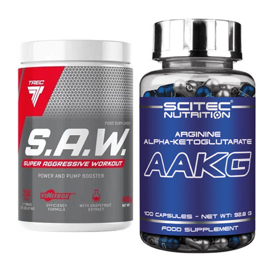 Komplet za vadbo: Trec Nutrition SAW Booster + Scitec AAKG - vsi elementi vključeni