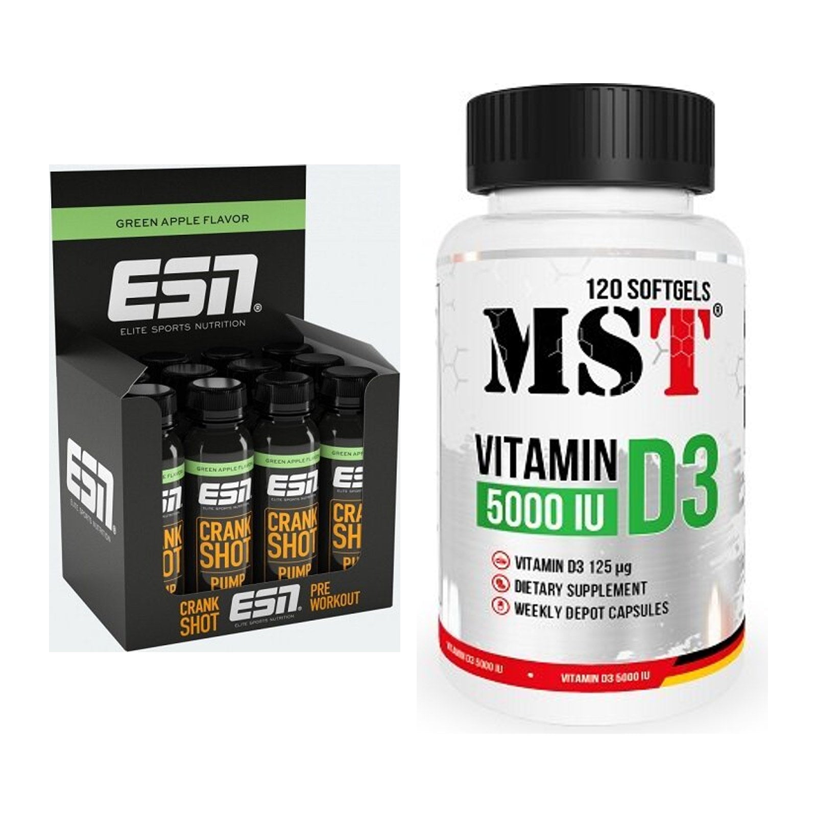 Trainings-Set: ESN Crank Pump Shot + MST Vitamin D3 5000IU 120 – alle enthaltenen Artikel