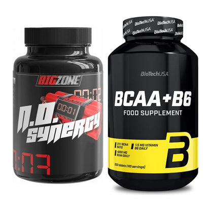 Trainings-Set: Big Zone N.O Synergy + BioTech BCAA+B6 200 Tabl – alle enthaltenen Artikel