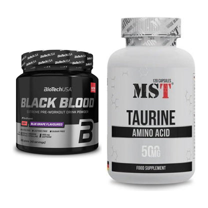 Trainings-Set: BioTech Black Blood CAF+ 300g (80 + MST Taurine – alle enthaltenen Artikel