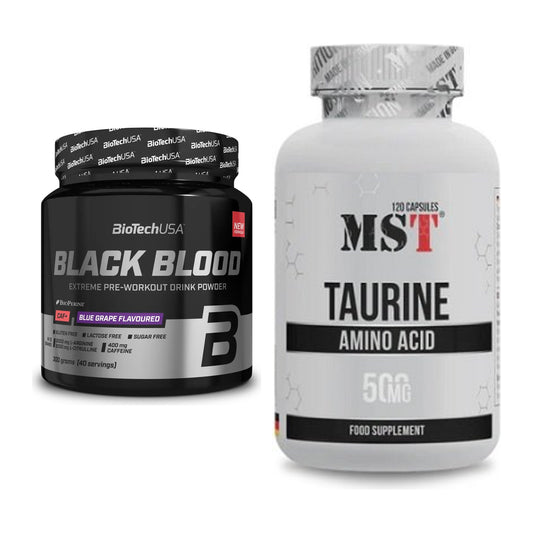 Trainings-Set: BioTech Black Blood CAF+ 300g (80 + MST Taurine – alle enthaltenen Artikel