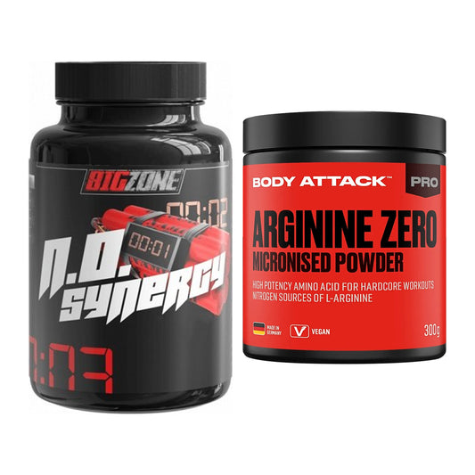 Treeningkomplekt: Big Zone N.O Synergy + Body Attack 100% Arginine Zero – kõik esemed on kaasas