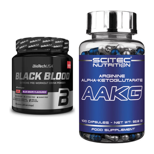 Trainings-Set: BioTech Black Blood CAF+ 300g (80 + Scitec AAKG – alle enthaltenen Artikel