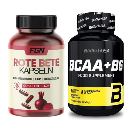 Conjunto de treino: Beterraba FGN + BioTech BCAA+B6 100 comprimidos - todos os artigos incluídos