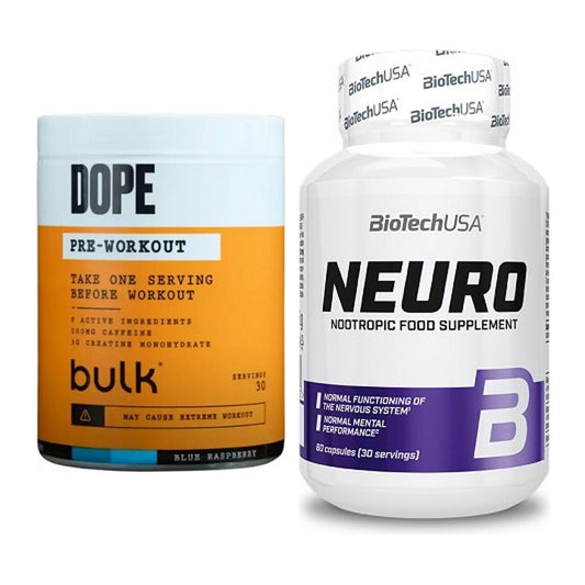 Trainings-Set: Bulk Dope Pre-Workout 30 Serv. + BioTech Neuro – alle enthaltenen Artikel