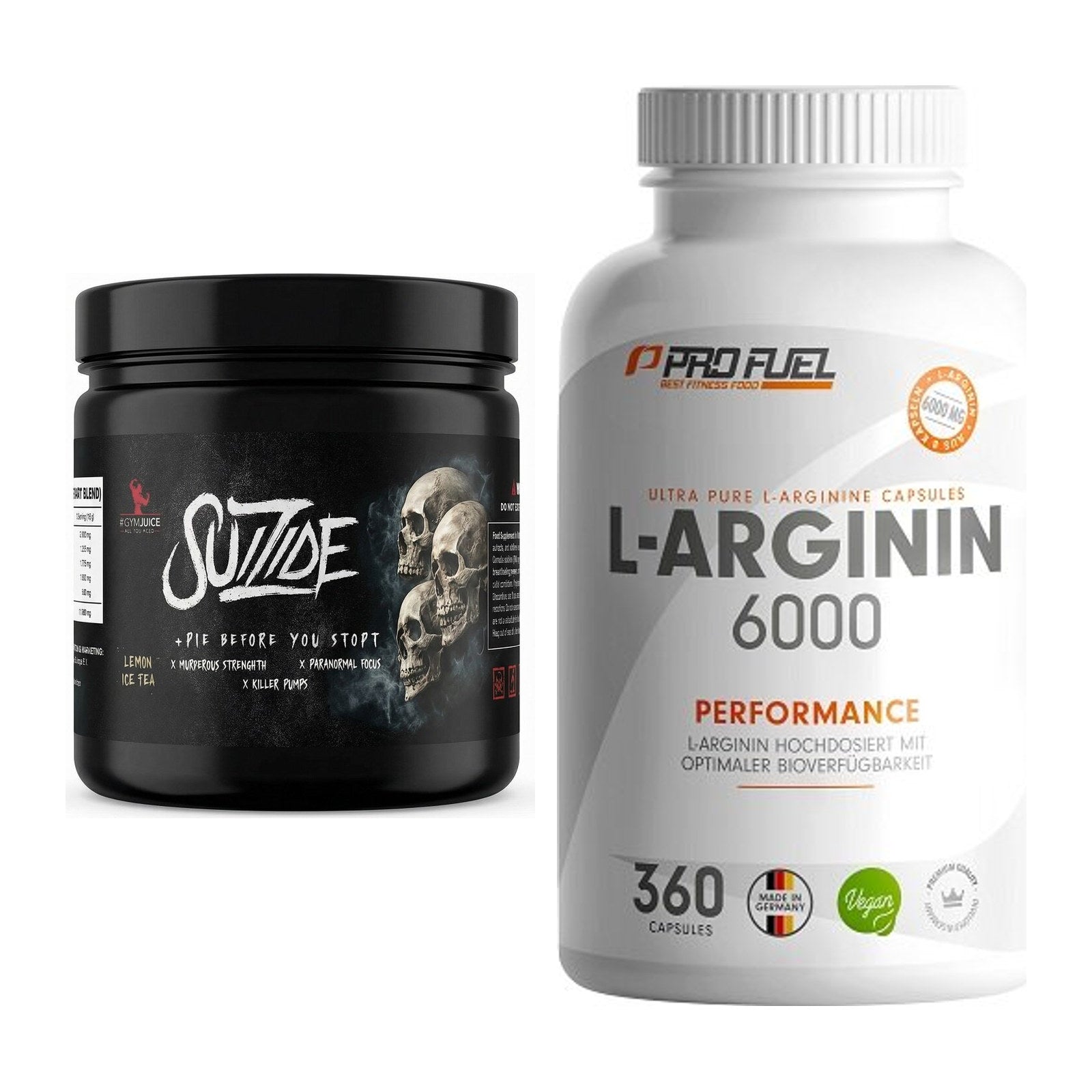 Trainings-Set: #GYMJUICE SUIZIDE Booster 270g + ProFuel L-Arginin 6000 – alle enthaltenen Artikel