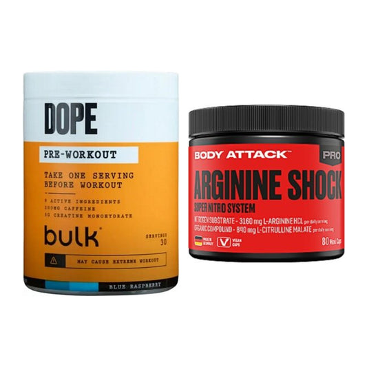 Trainings-Set: Bulk Dope Pre-Workout 30 + Body Attack Arginine Shock – alle enthaltenen Artikel