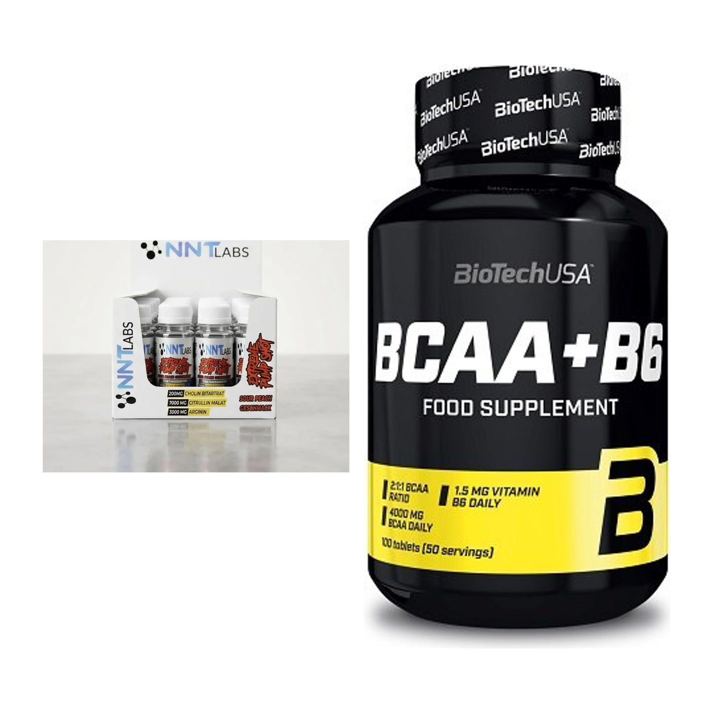 Trainings-Set: NNT Extreme Pump Shot + BioTech BCAA+B6 100 Tabl – alle enthaltenen Artikel