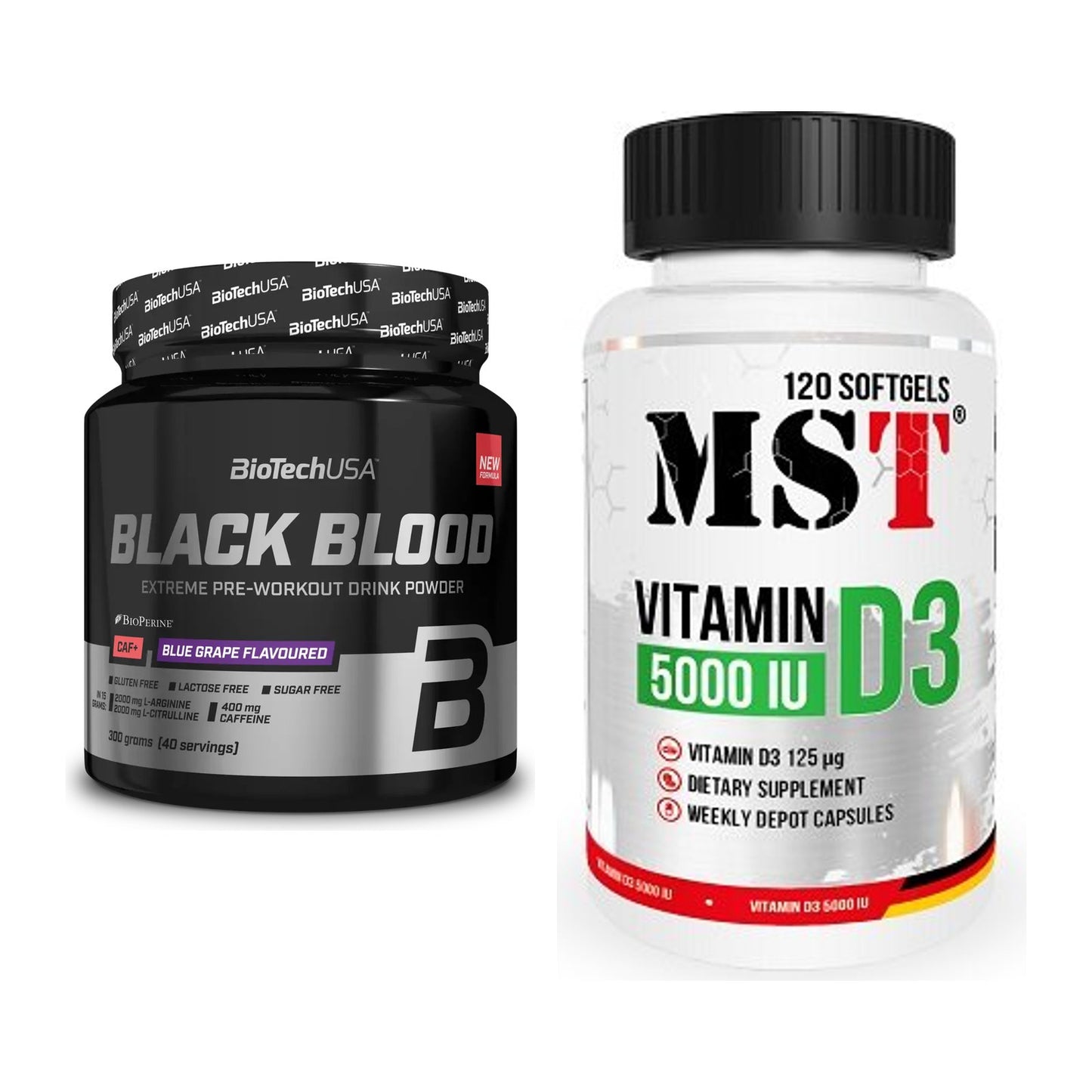 Trainings-Set: BioTech Black Blood CAF + MST Vitamin D3 5000IU 120 – alle enthaltenen Artikel