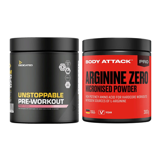 Trainings-Set: Dedicated Unstoppable + Body Attack 100 % Arginine Zero – alle enthaltenen Artikel