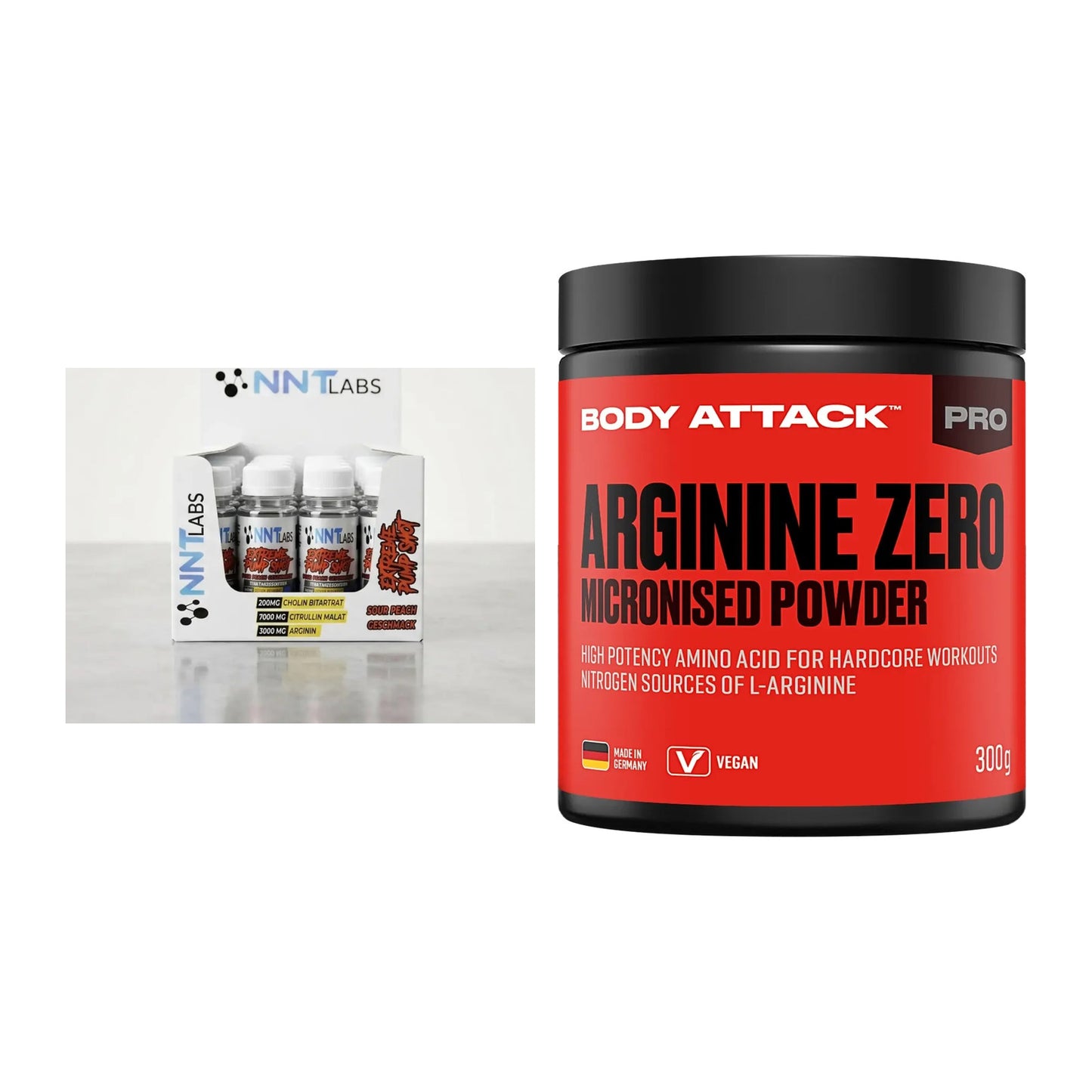 Trainings-Set: NNT Extreme Pump Shot + Body Attack 100 % Arginine Zero – alle enthaltenen Artikel